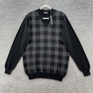 Straight Down Sweater Men Large Black Gray Plaid Merino Cashmere V Neck Pullover